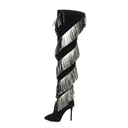 Christian Louboutin Veau Velours Lame Tweed Bolcheva 120 Thigh High Boots 36 Black Platine 1 of 7