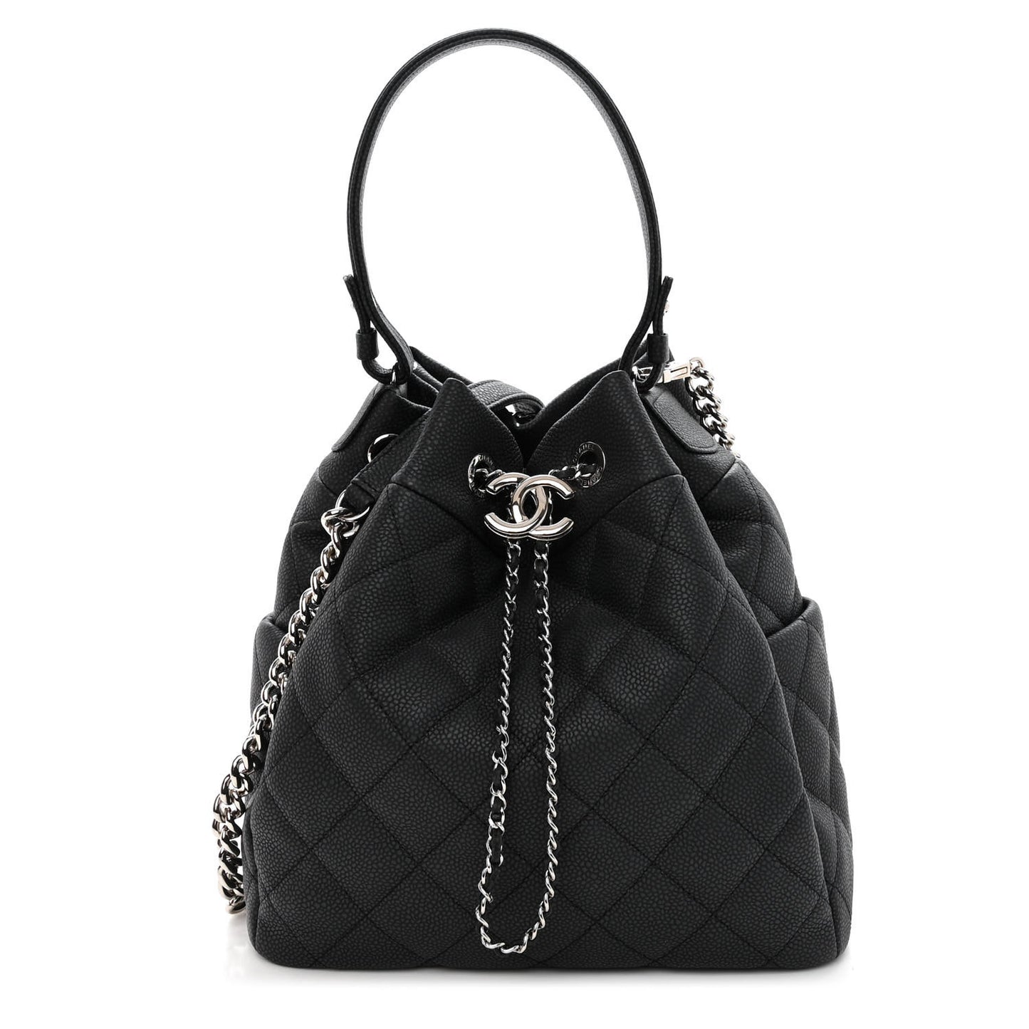 Caviar Flat Quilted CC Chain Bucket Drawstring Bag Black