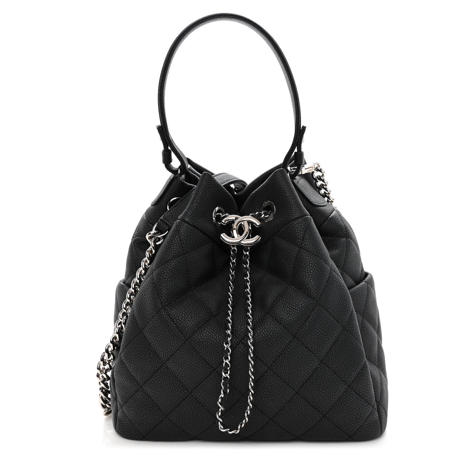 Chanel Caviar Flat Quilted CC Chain Bucket Drawstring Bag Black 1 of 9
