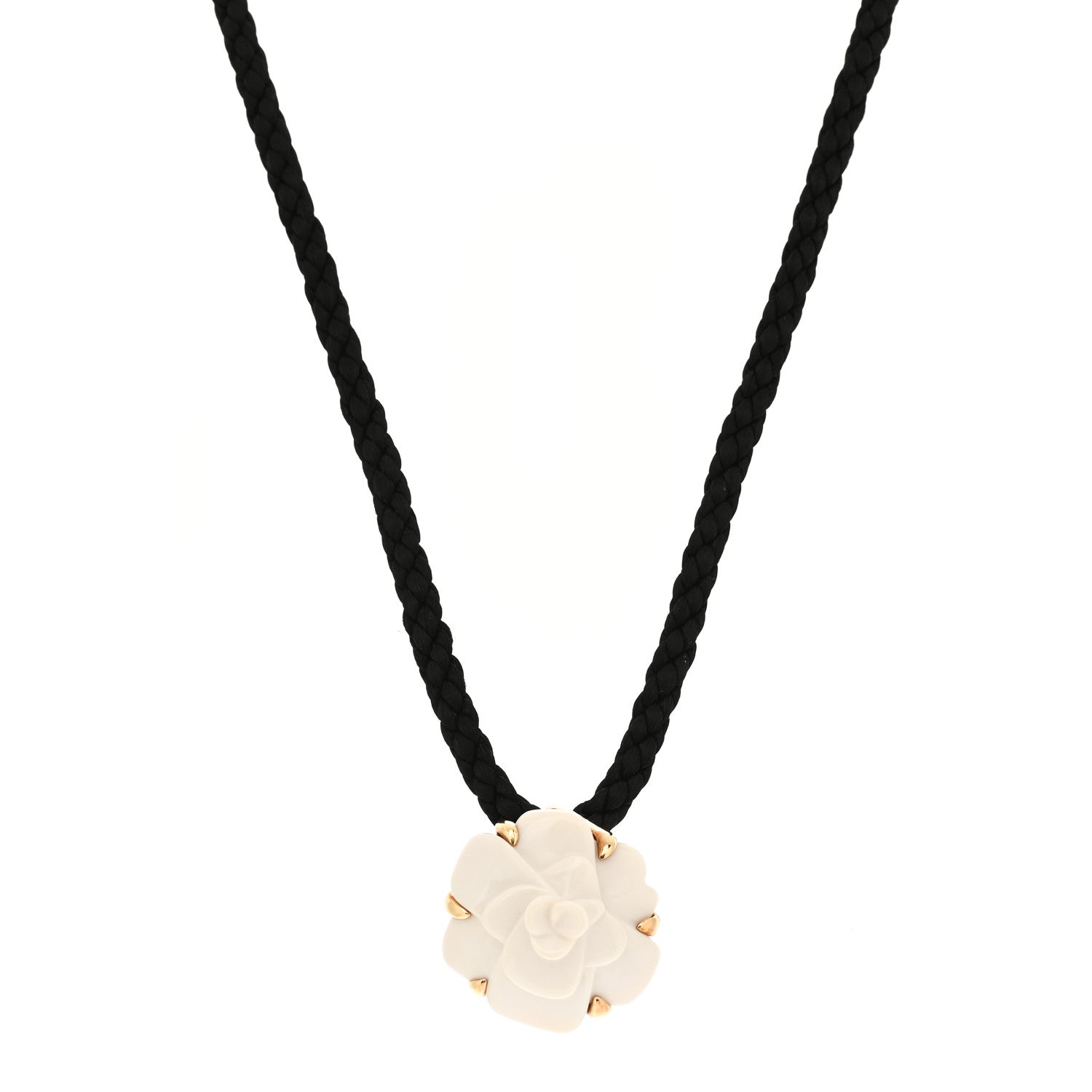 Chanel 18K Yellow Gold White Agate Camellia Sculpte Cord Necklace 1 of 5