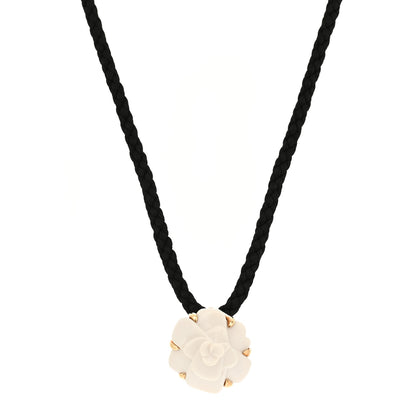 Chanel 18K Yellow Gold White Agate Camellia Sculpte Cord Necklace 1 of 5