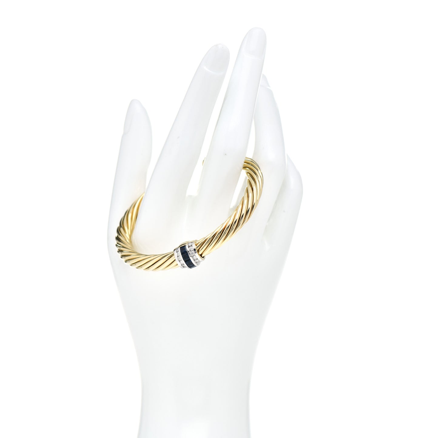 18K Yellow Gold Diamond Blue Sapphire 7mm Cable Single Station Bracelet