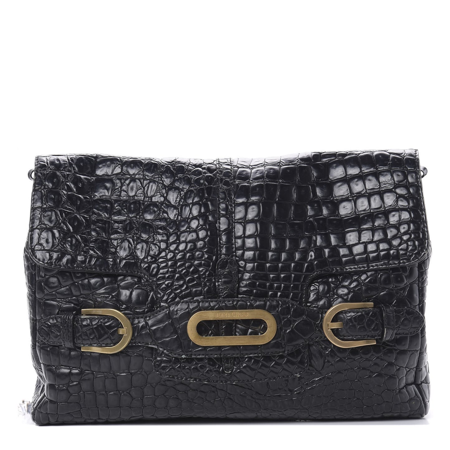 Crocodile Embossed Calfskin Messenger Black