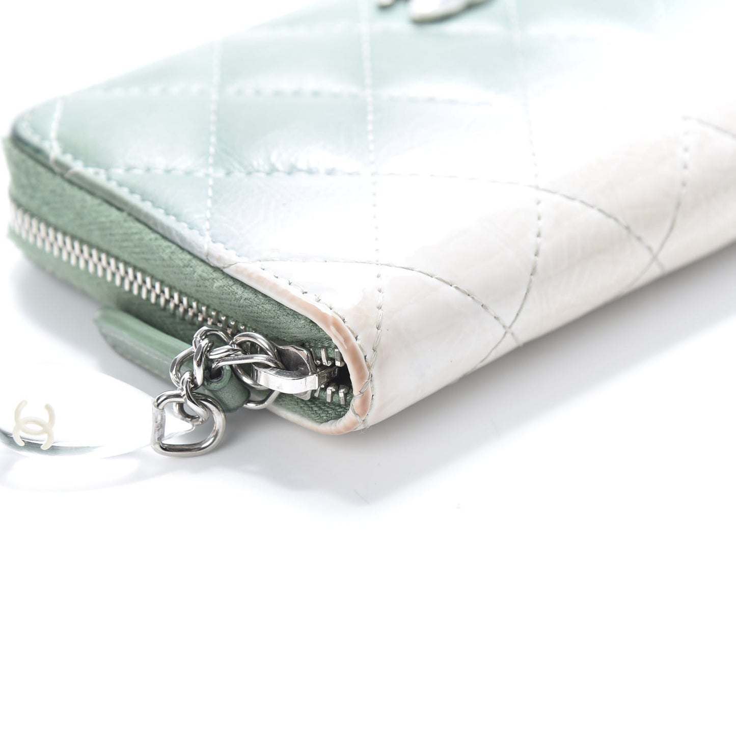 Faded Patent Calfskin Quilted Small Zip Around Wallet Green
