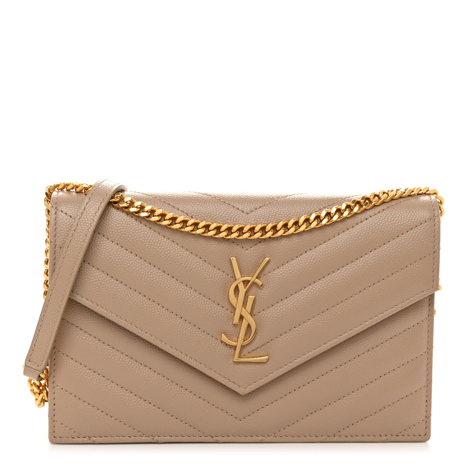 Saint Laurent Grain De Poudre Matelasse Chevron Monogram Envelope Chain Wallet Dark Beige 1 of 10