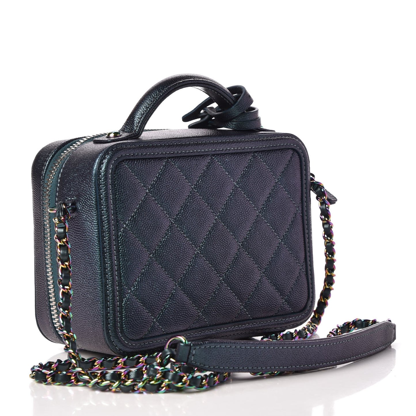 Iridescent Caviar Quilted Small CC Filigree Vanity Case Dark Turquoise