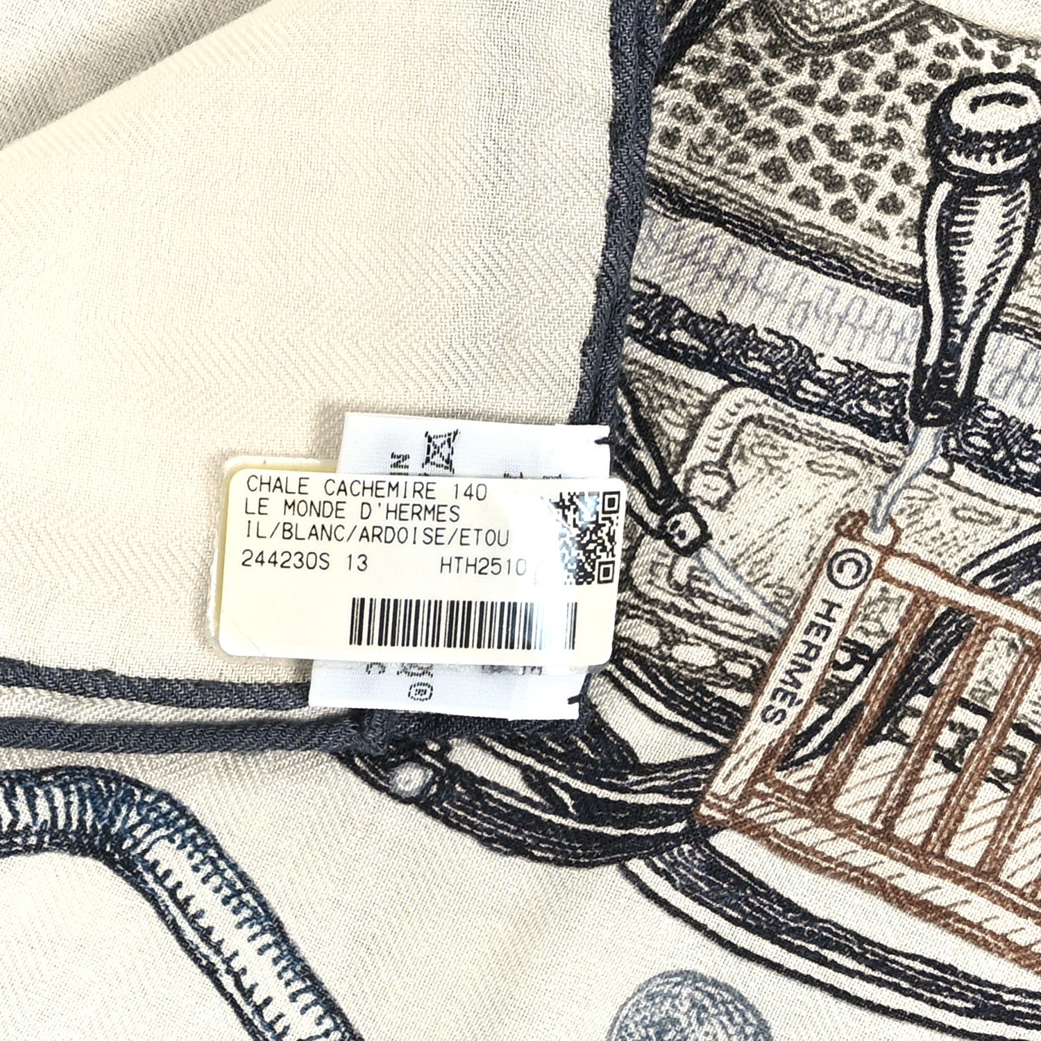 Hermes Cashmere Silk Le Monde D'Hermes Shawl 140 White Ardoise