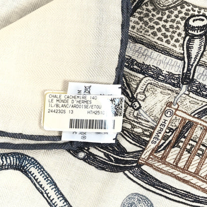 Hermes Cashmere Silk Le Monde D'Hermes Shawl 140 White Ardoise Etoupe 3 of 3