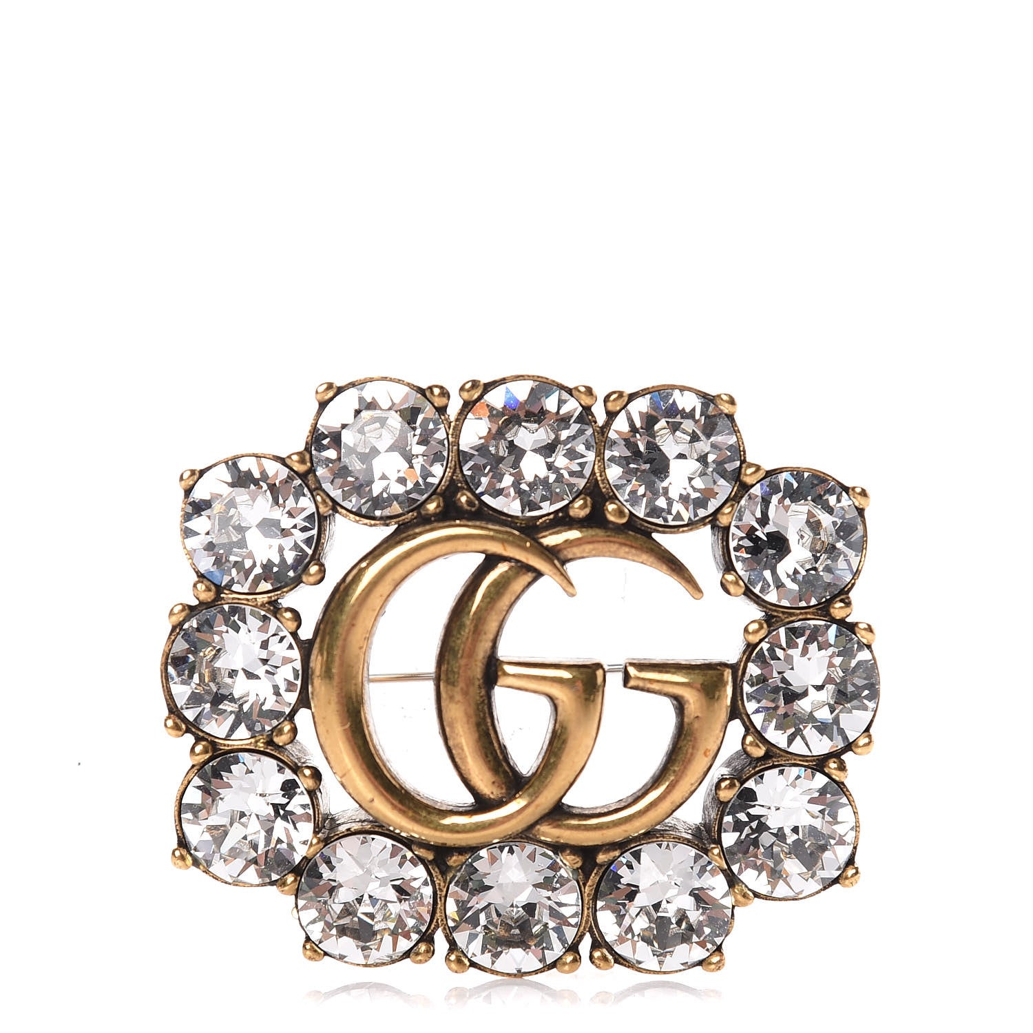Gucci Metal Crystal Double G Brooch Aged Gold 1 of 6