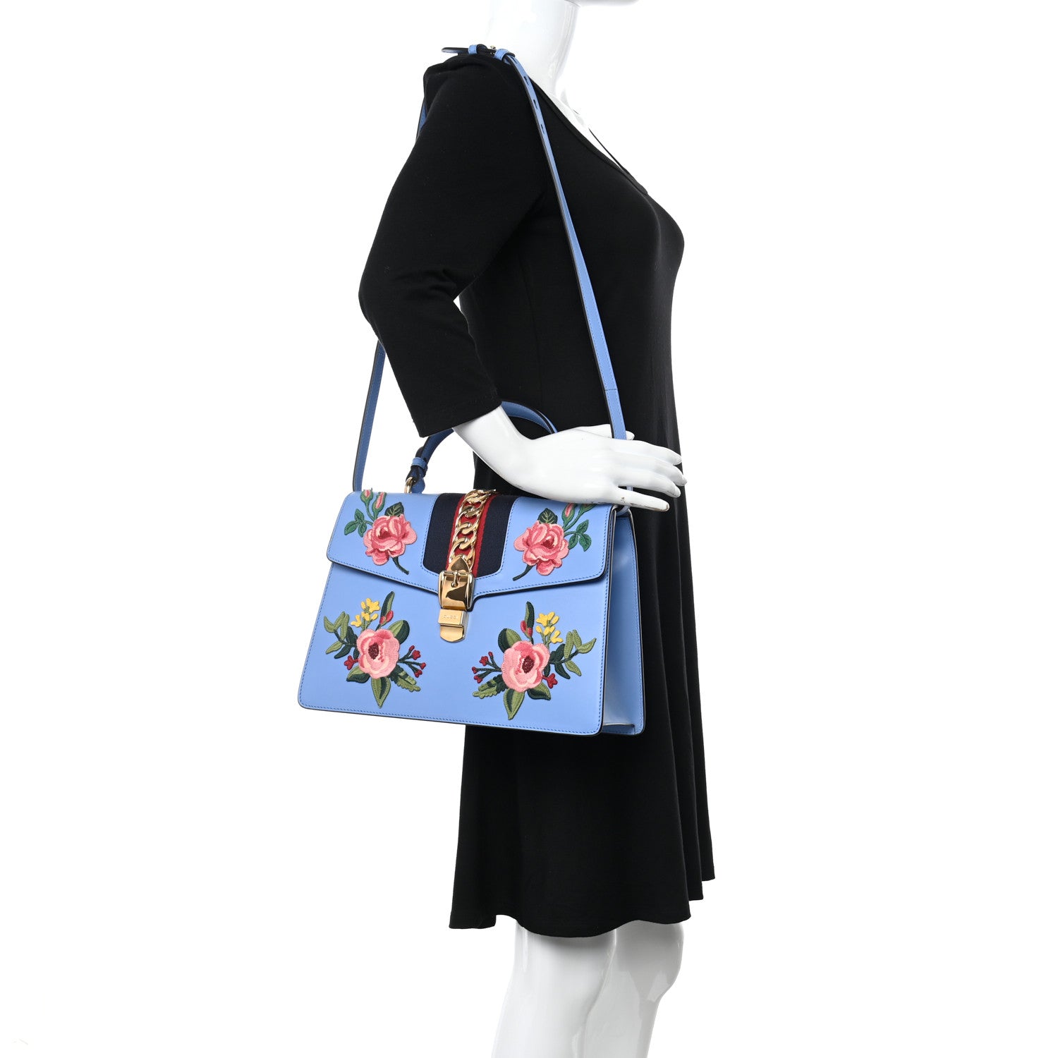 Gucci Calfskin Embroidered Medium Sylvie Top Handle Bag Clear Sky Blue 2 of 13