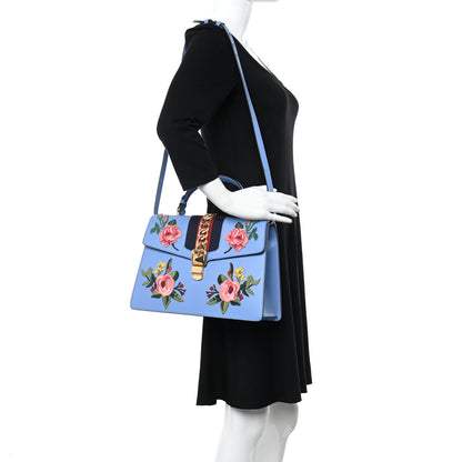 Gucci Calfskin Embroidered Medium Sylvie Top Handle Bag Clear Sky Blue 2 of 13