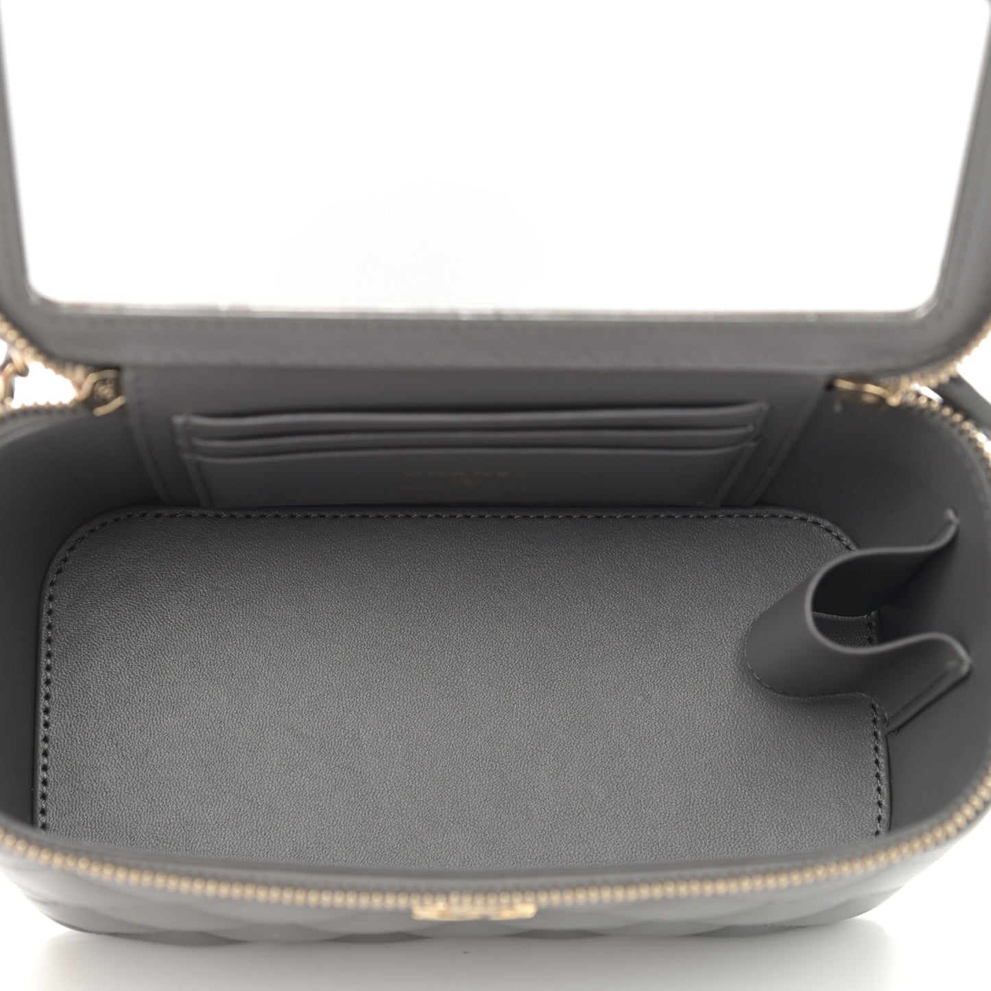 Lambskin Quilted Small Top Handle Vanity Case With Chain Dark Grey