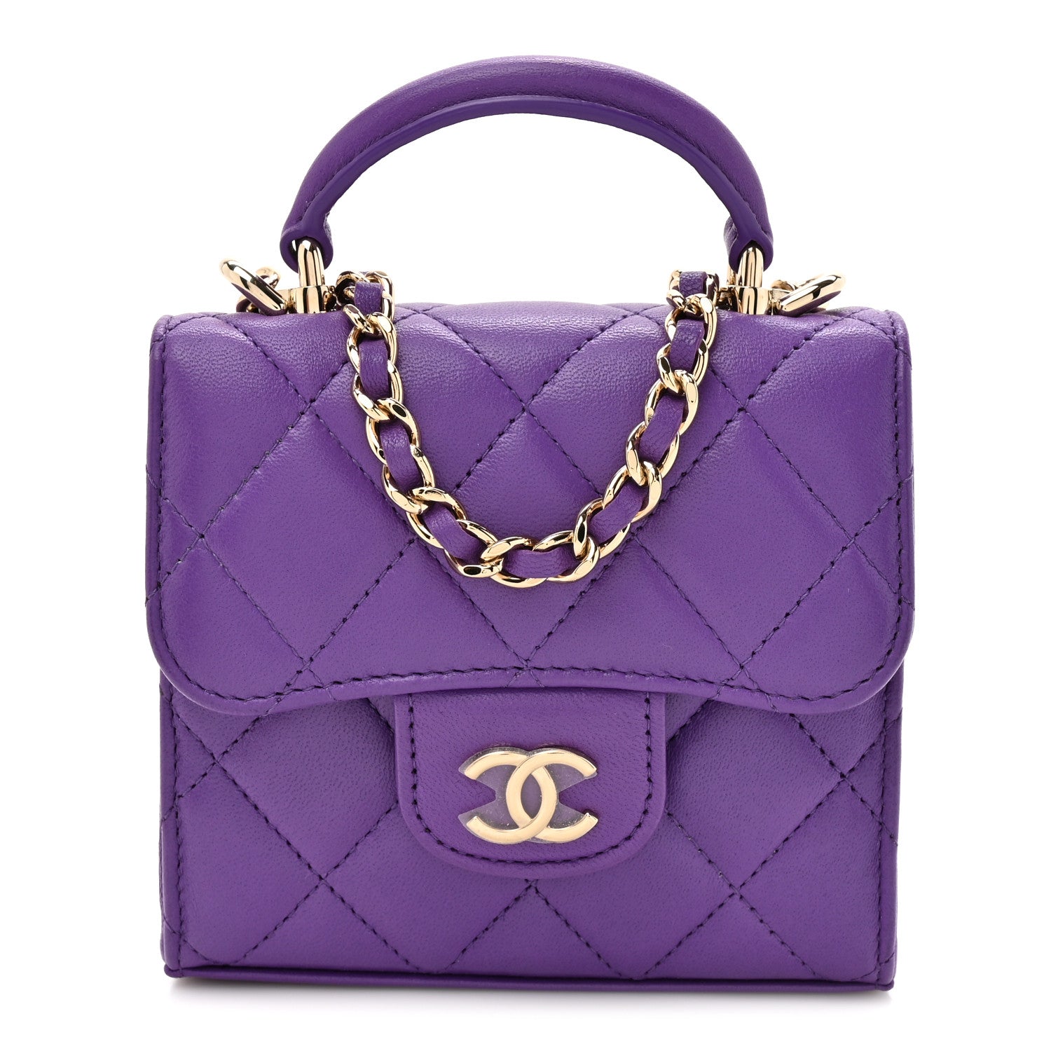 Chanel Lambskin Quilted Top Handle Flap Clutch With Chain Purple 1 of 13