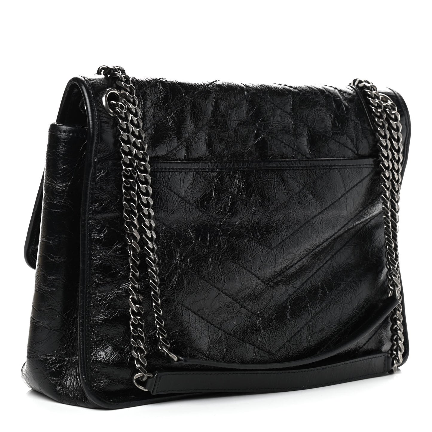 Crinkled Calfskin Matelasse Monogram Large Niki Chain Satchel Black