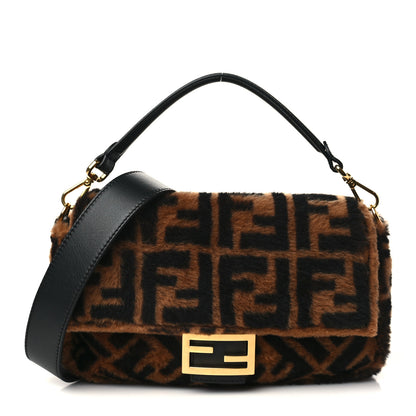 Fendi Shearling Vitello Dolce Macro FF 1974 Baguette Tobacco Black 1 of 6