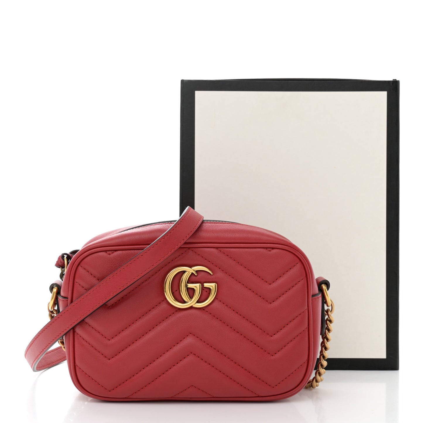 Calfskin Matelasse Mini GG Marmont Chain Shoulder Bag Hibiscus Red