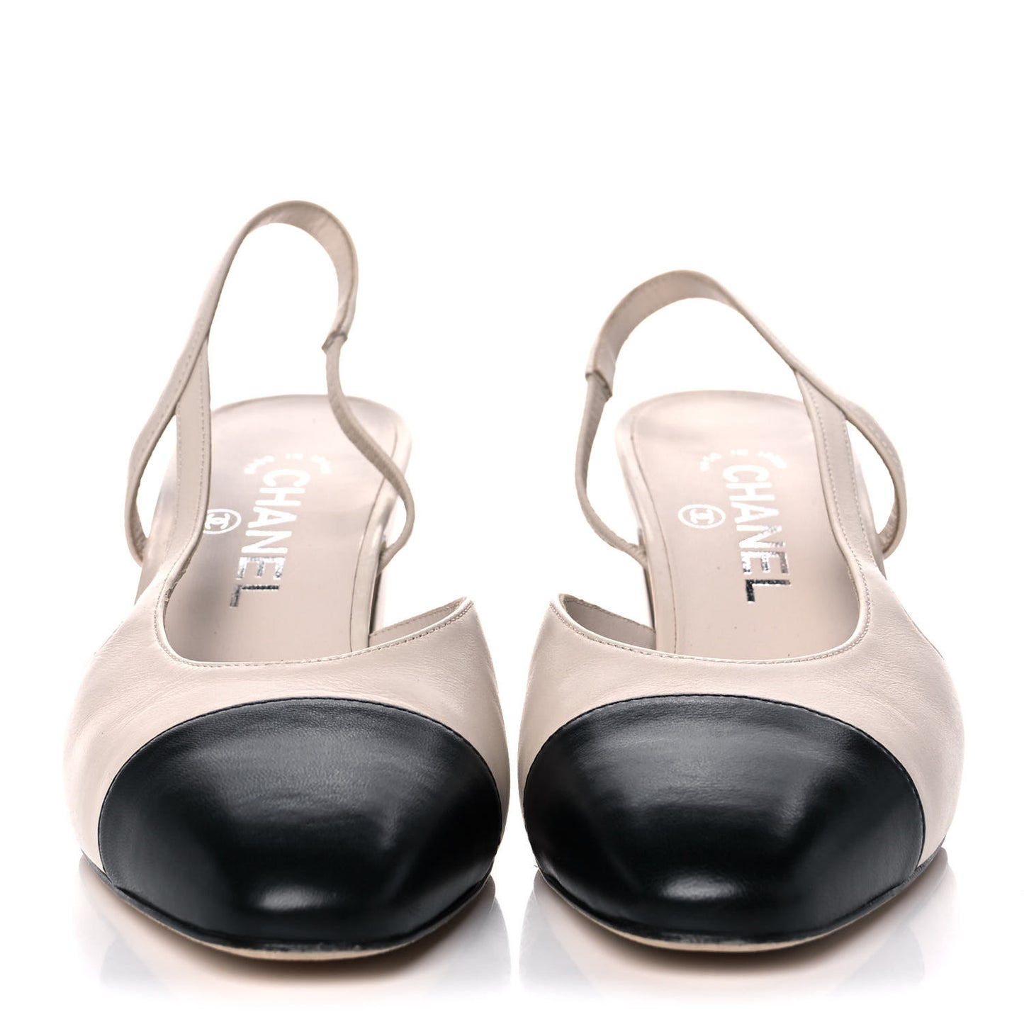 Goatskin Grosgrain Cap Toe CC Slingback Pumps 37.5 Beige Black