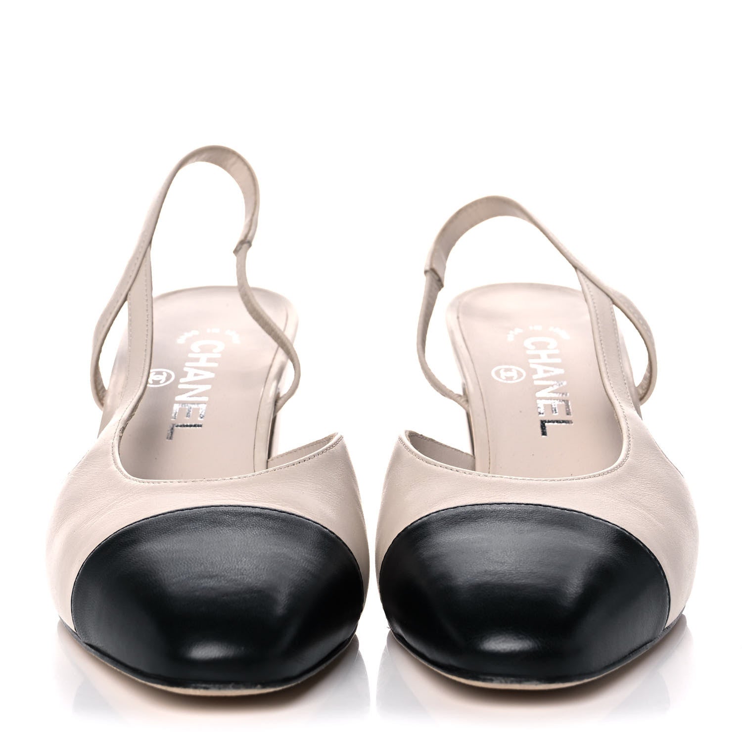Chanel Goatskin Grosgrain Cap Toe CC Slingback Pumps 37.5 Beige Black 2 of 10