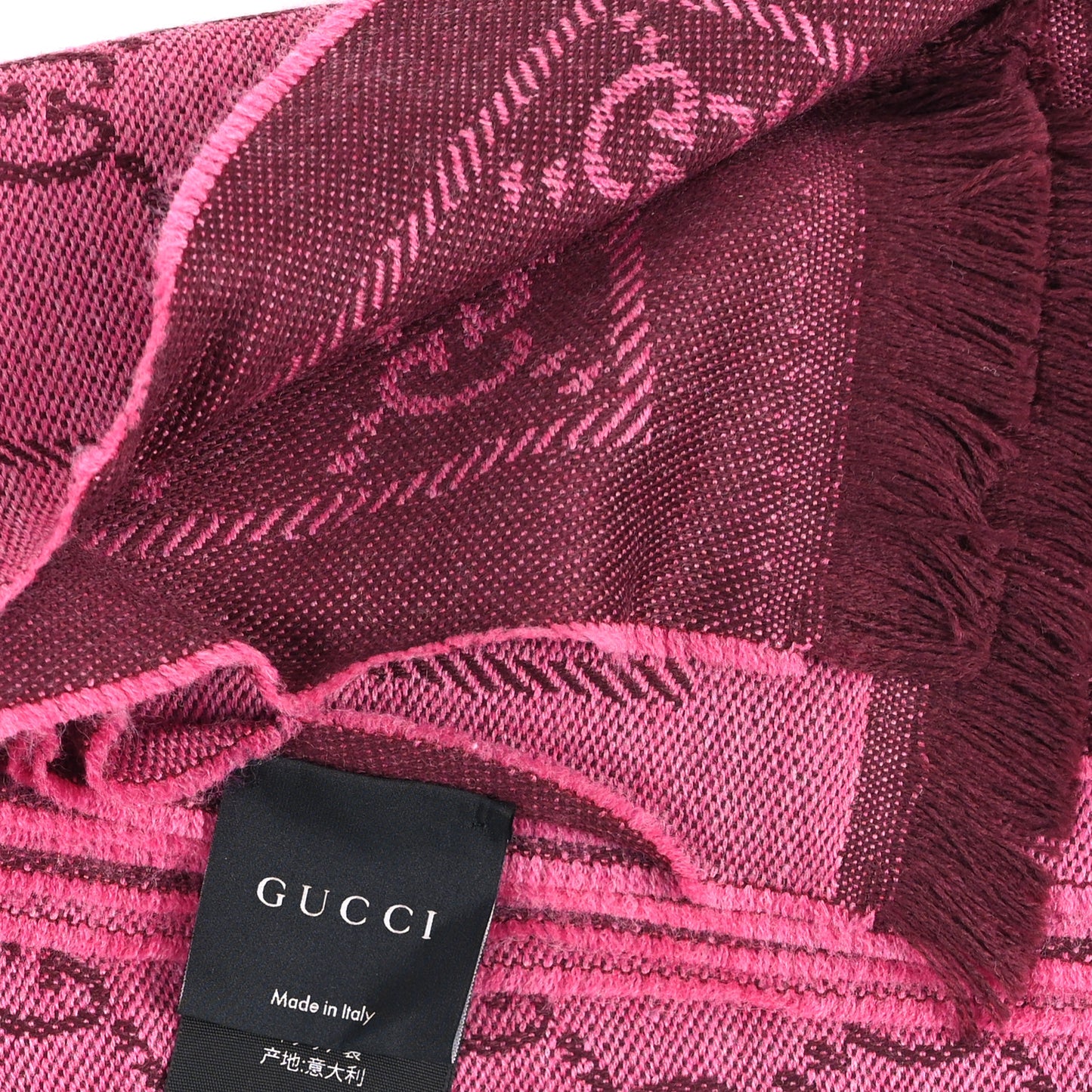 Wool Jacquard GG Monogram Sten Fringe Scarf Magenta Bordeaux