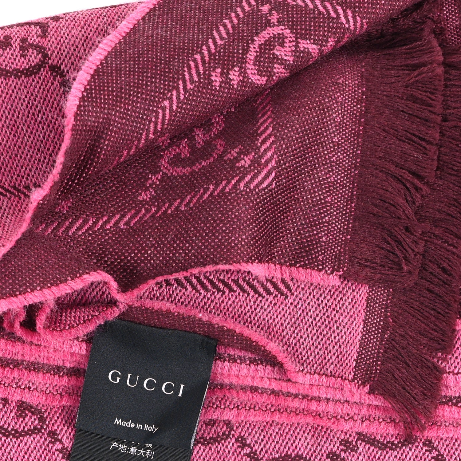 Gucci Wool Jacquard GG Monogram Sten Fringe Scarf Magenta Bordeaux 3 of 3