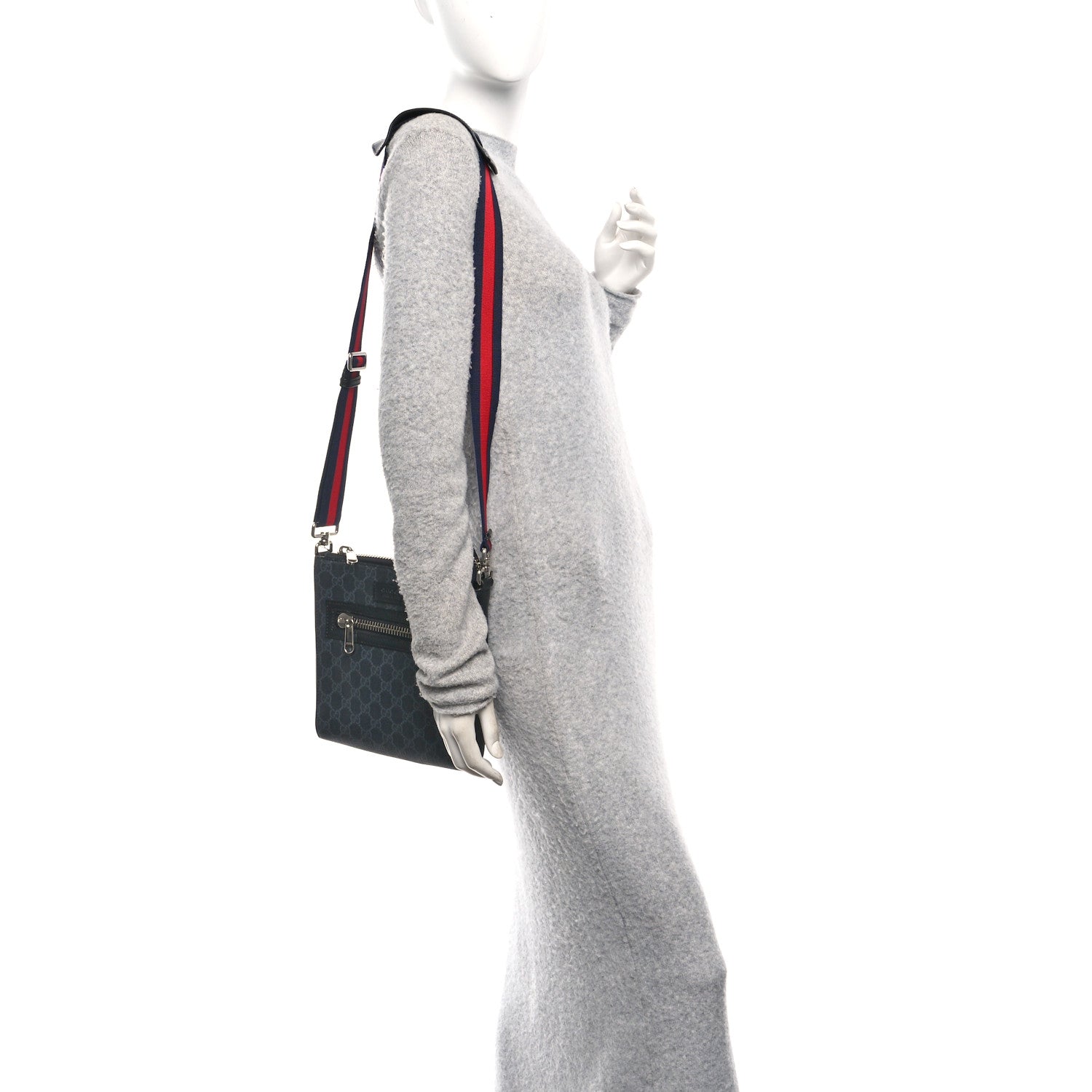Gucci GG Supreme Monogram Web Small Flat Messenger Bag Black Grey 2 of 12