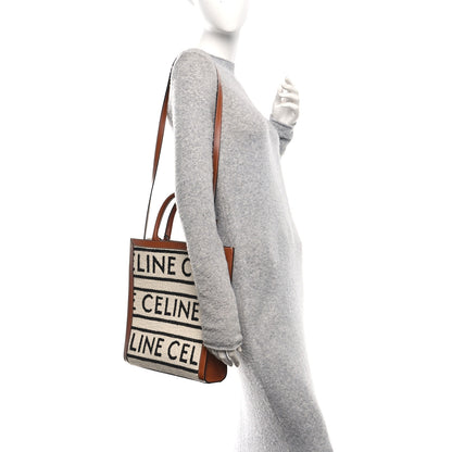 Celine All Over Textile Calfskin Small Vertical Cabas Natural Tan Black 2 of 14