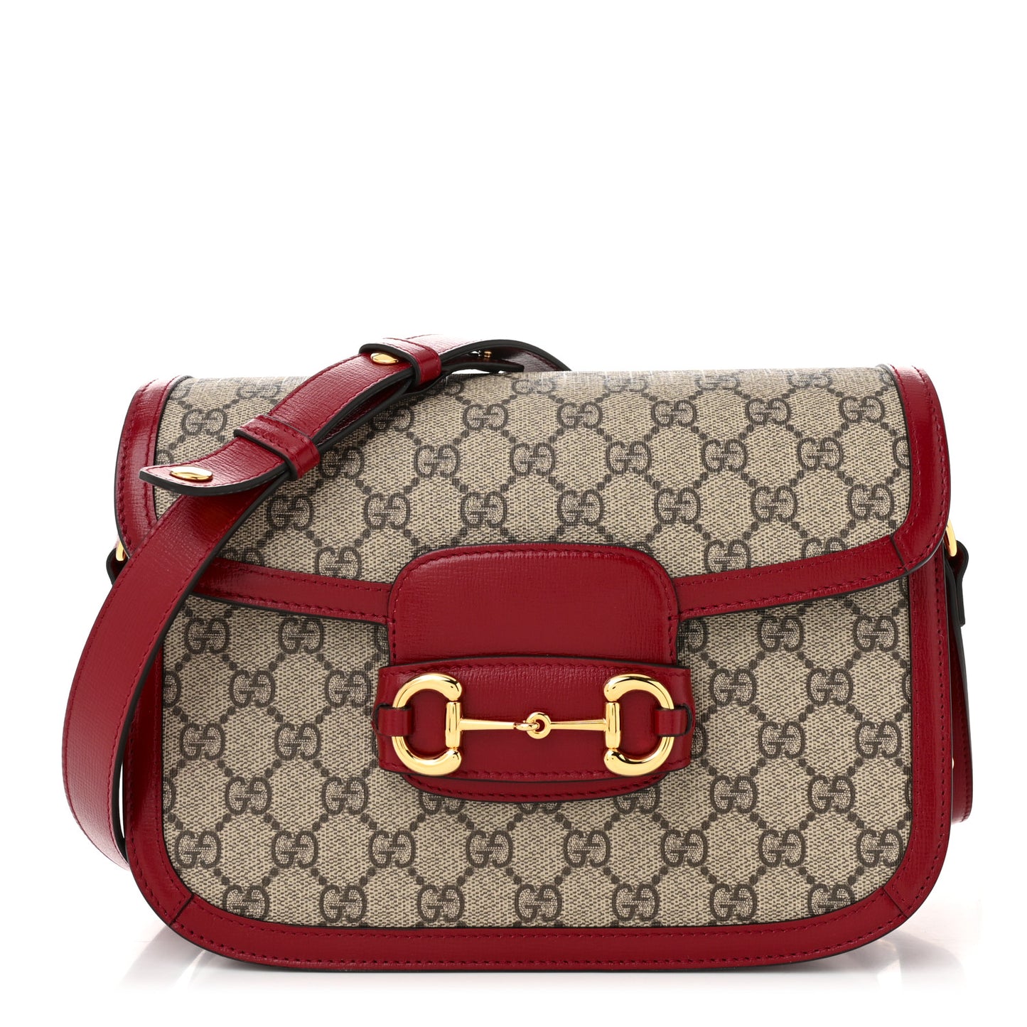 GG Supreme Monogram Azalea Calfskin Horsebit 1955 Shoulder Bag Beige Ebony New Cherry Red