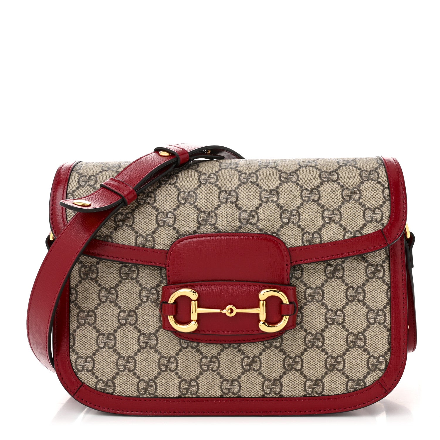 Gucci GG Supreme Monogram Azalea Calfskin Horsebit 1955 Shoulder Bag Beige Ebony New Cherry Red 1 of 10