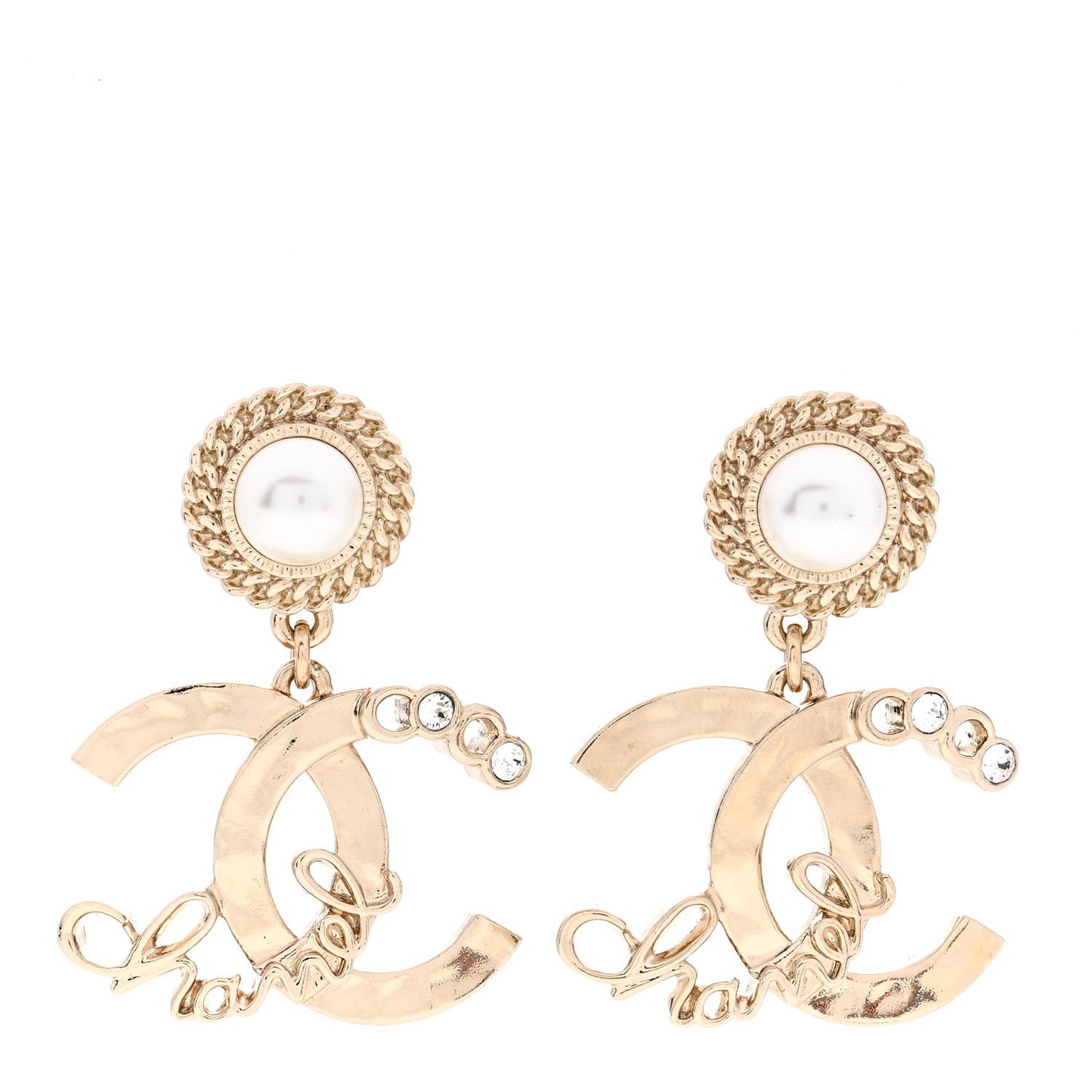 Metal Pearl Crystal Coco Script CC Drop Earrings Gold