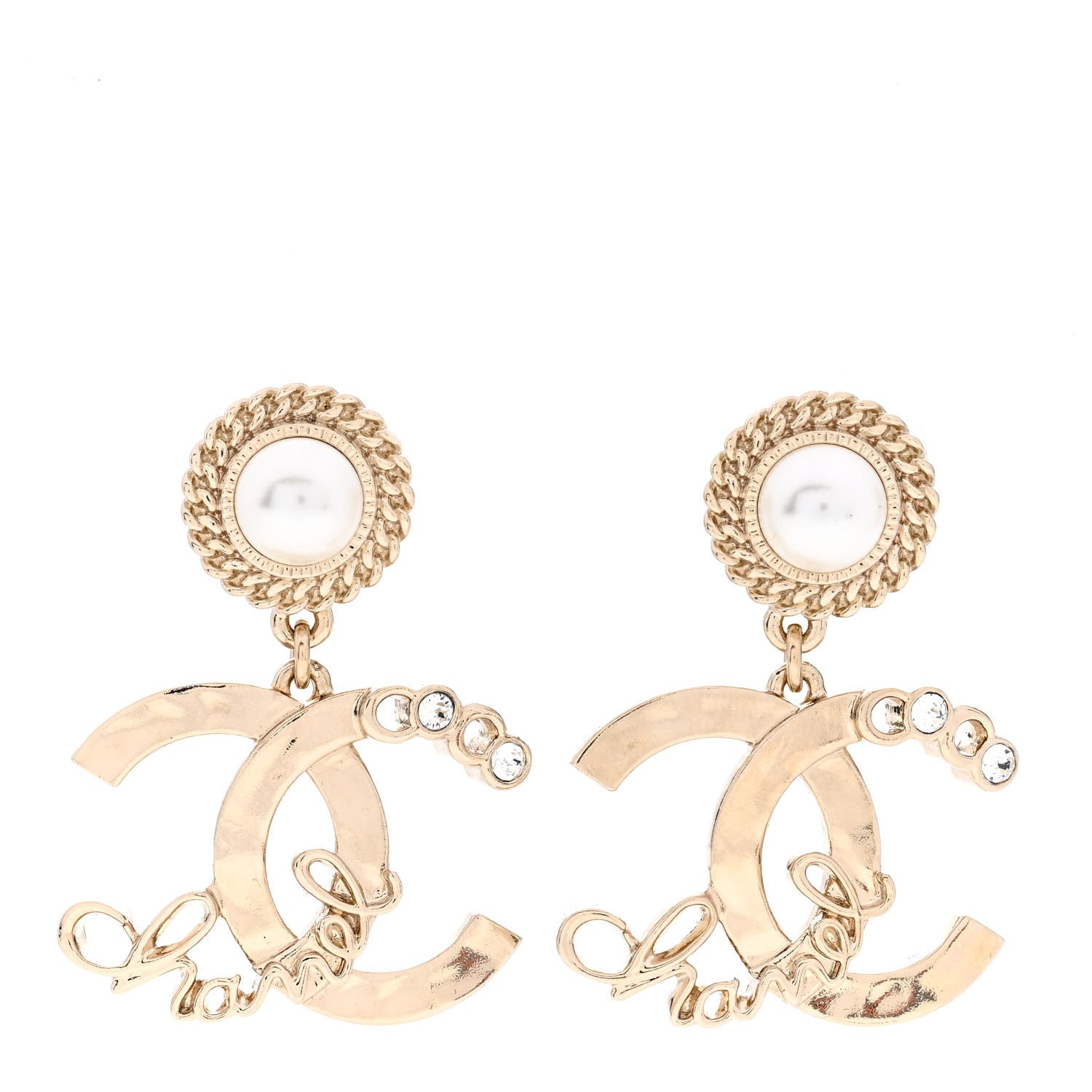 Chanel Metal Pearl Crystal Coco Script CC Drop Earrings Gold 1 of 4