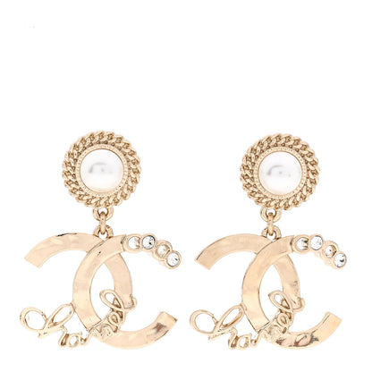Chanel Metal Pearl Crystal Coco Script CC Drop Earrings Gold 1 of 4