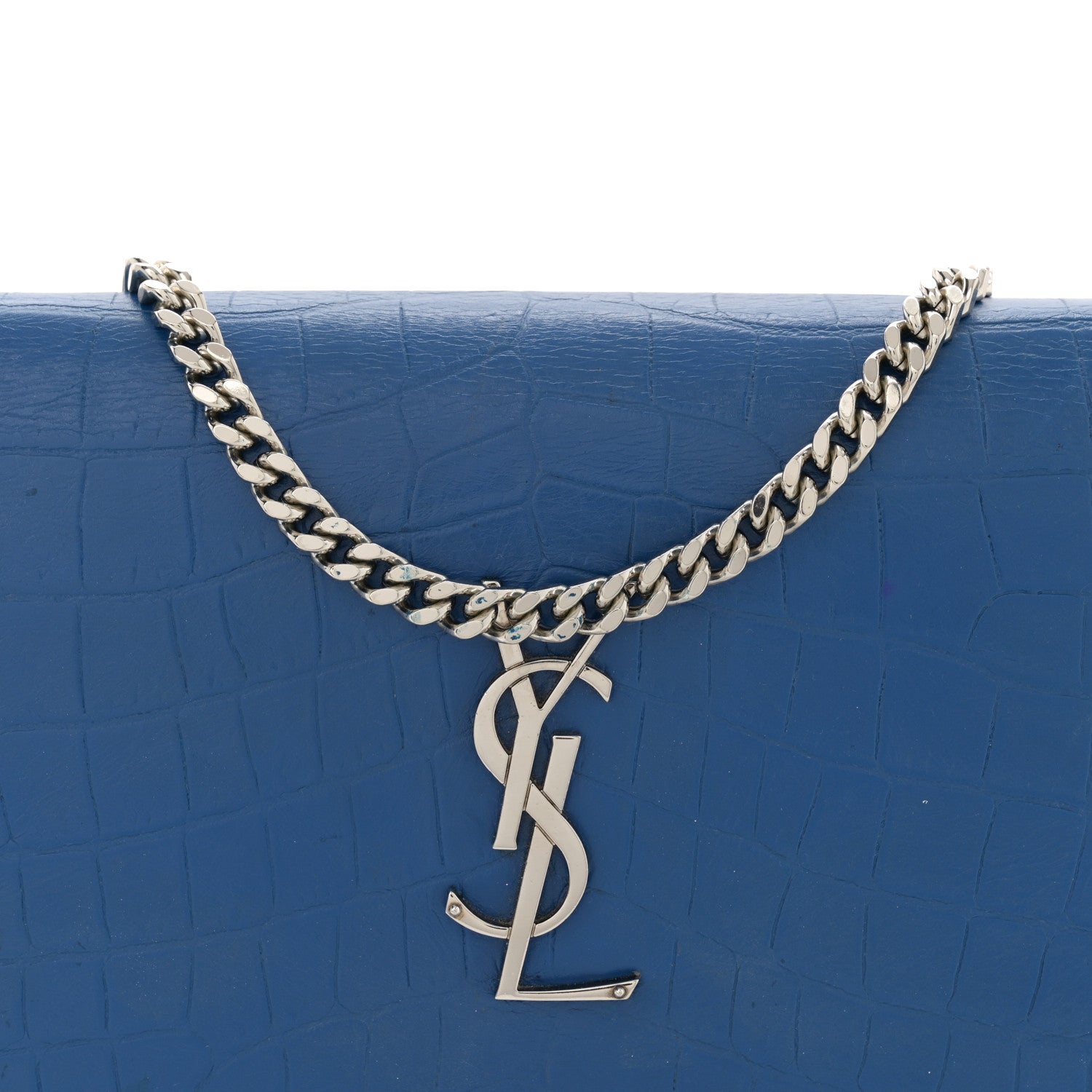 Saint Laurent Calfskin Crocodile Embossed Monogram Chain Wallet Royal Blue 9 of 18
