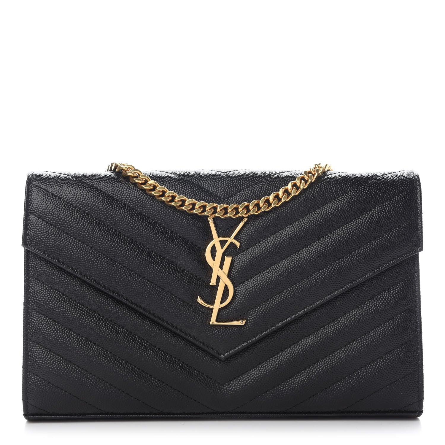 Saint Laurent Grain De Poudre Matelasse Chevron Monogram Chain Wallet Black 1 of 9