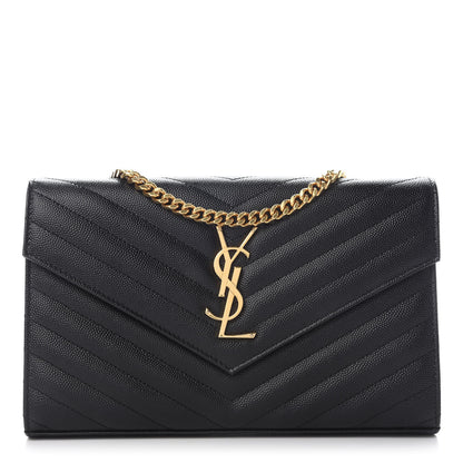 Saint Laurent Grain De Poudre Matelasse Chevron Monogram Chain Wallet Black 1 of 9