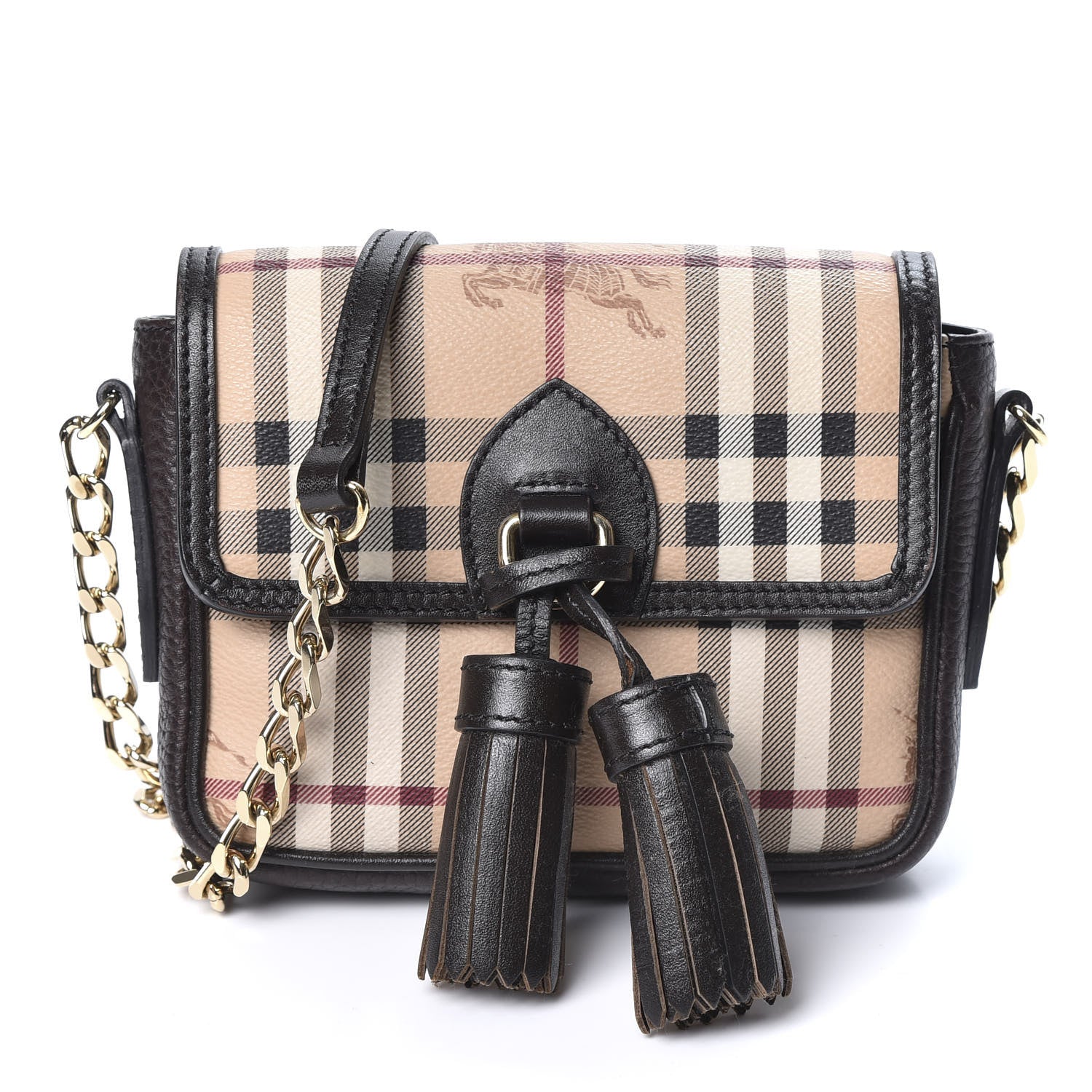Burberry Haymarket Check Mini Tassel Crossbody Bag Chocolate 1 of 8