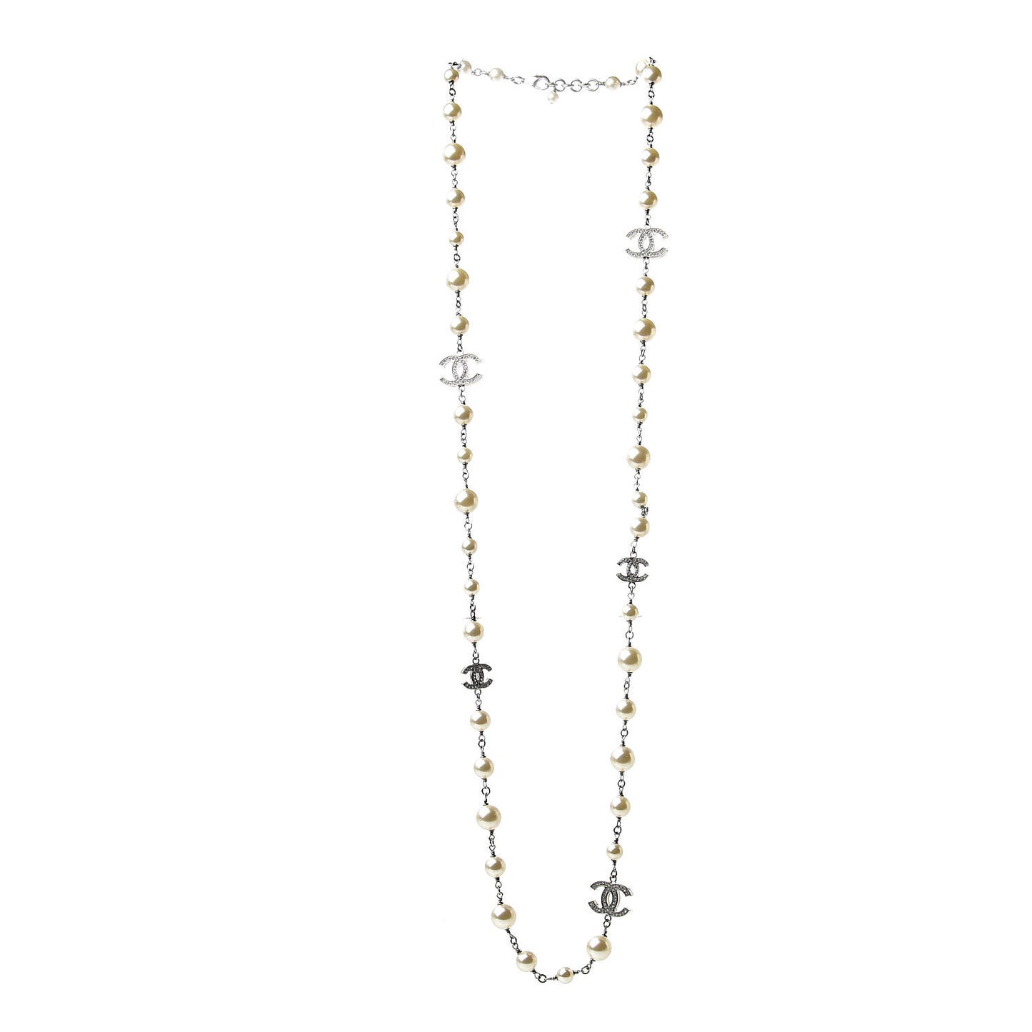Crystal Pearl CC Long Necklace Silver