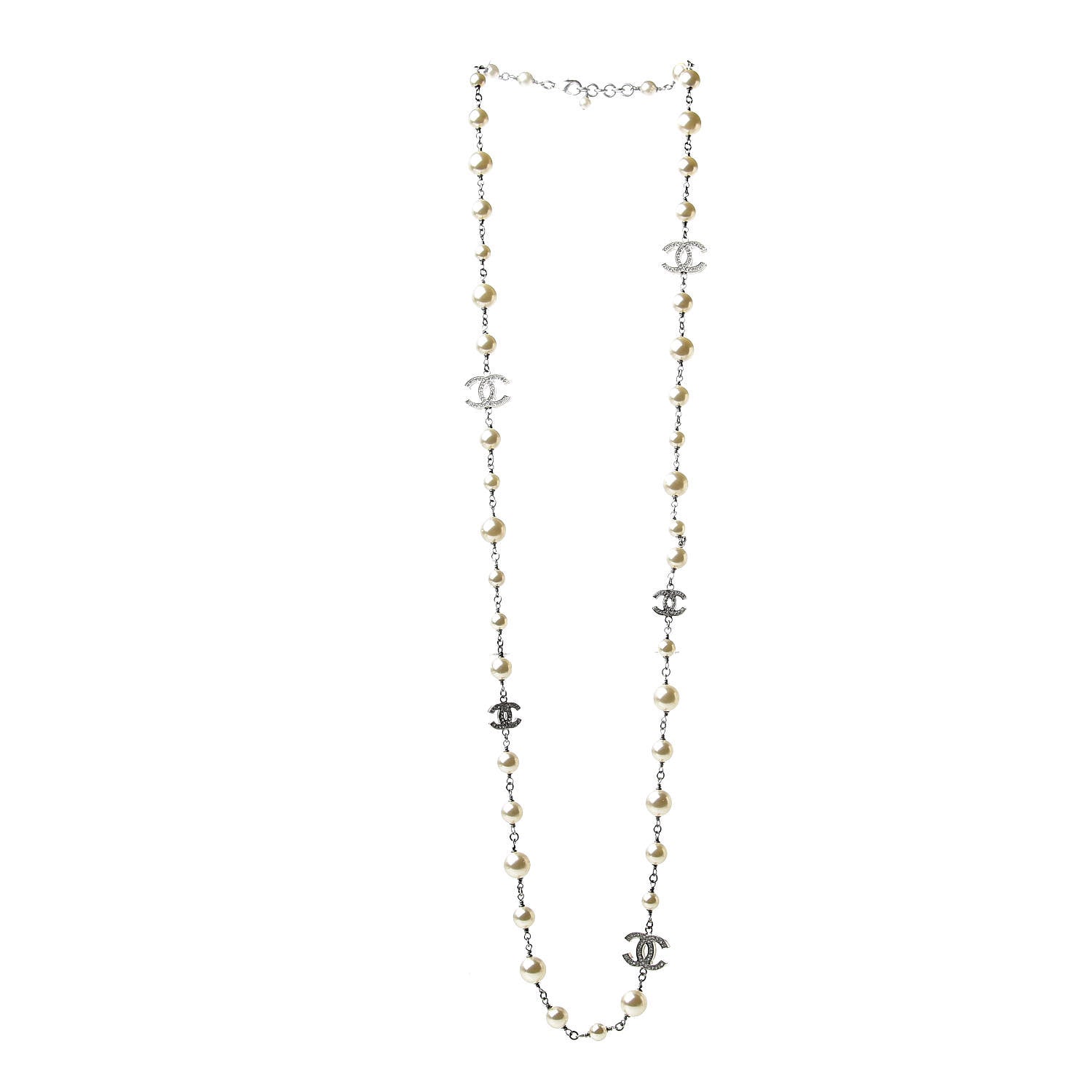 Chanel Crystal Pearl CC Long Necklace Silver 3 of 4