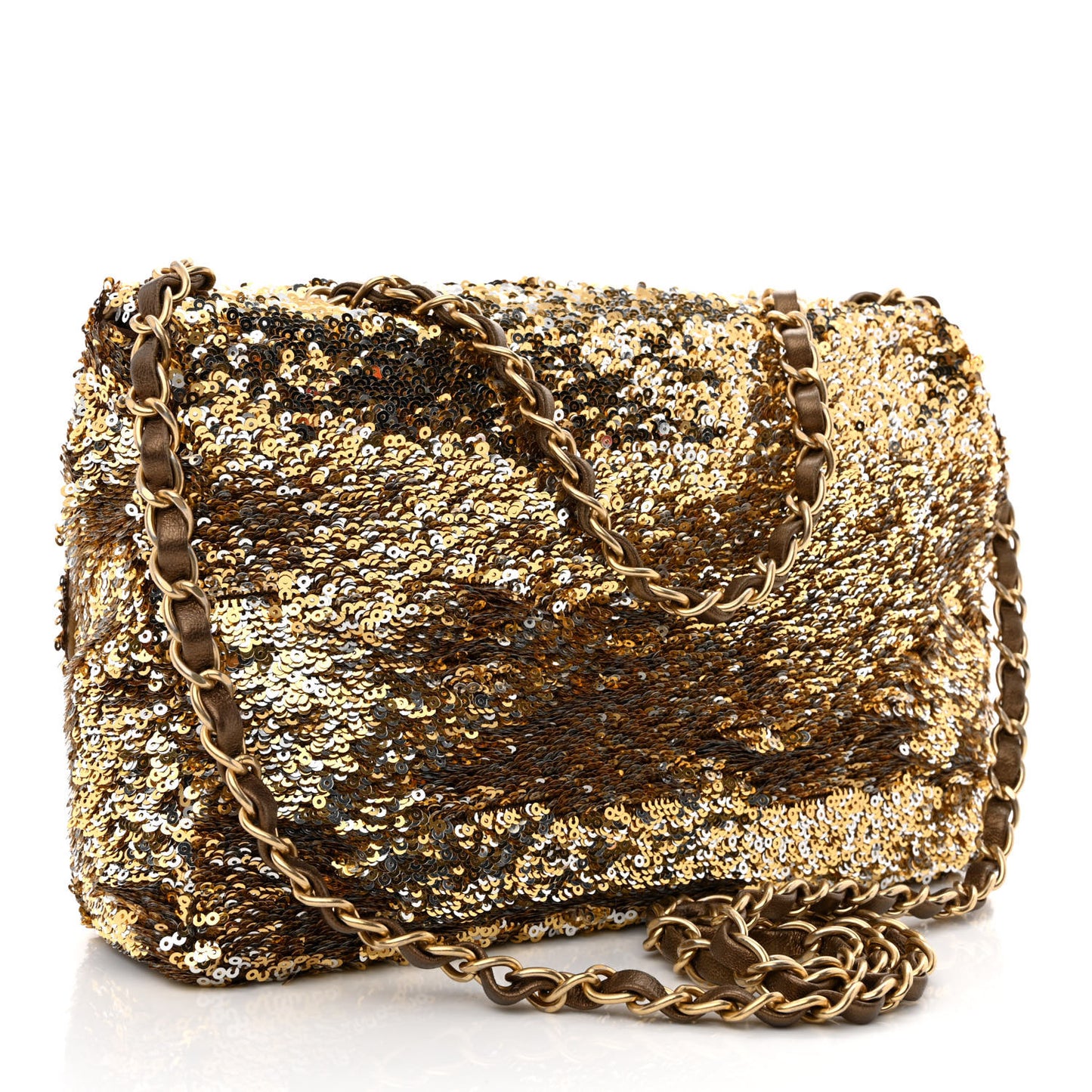 Sequin Quilted Medium Single Flap Gold