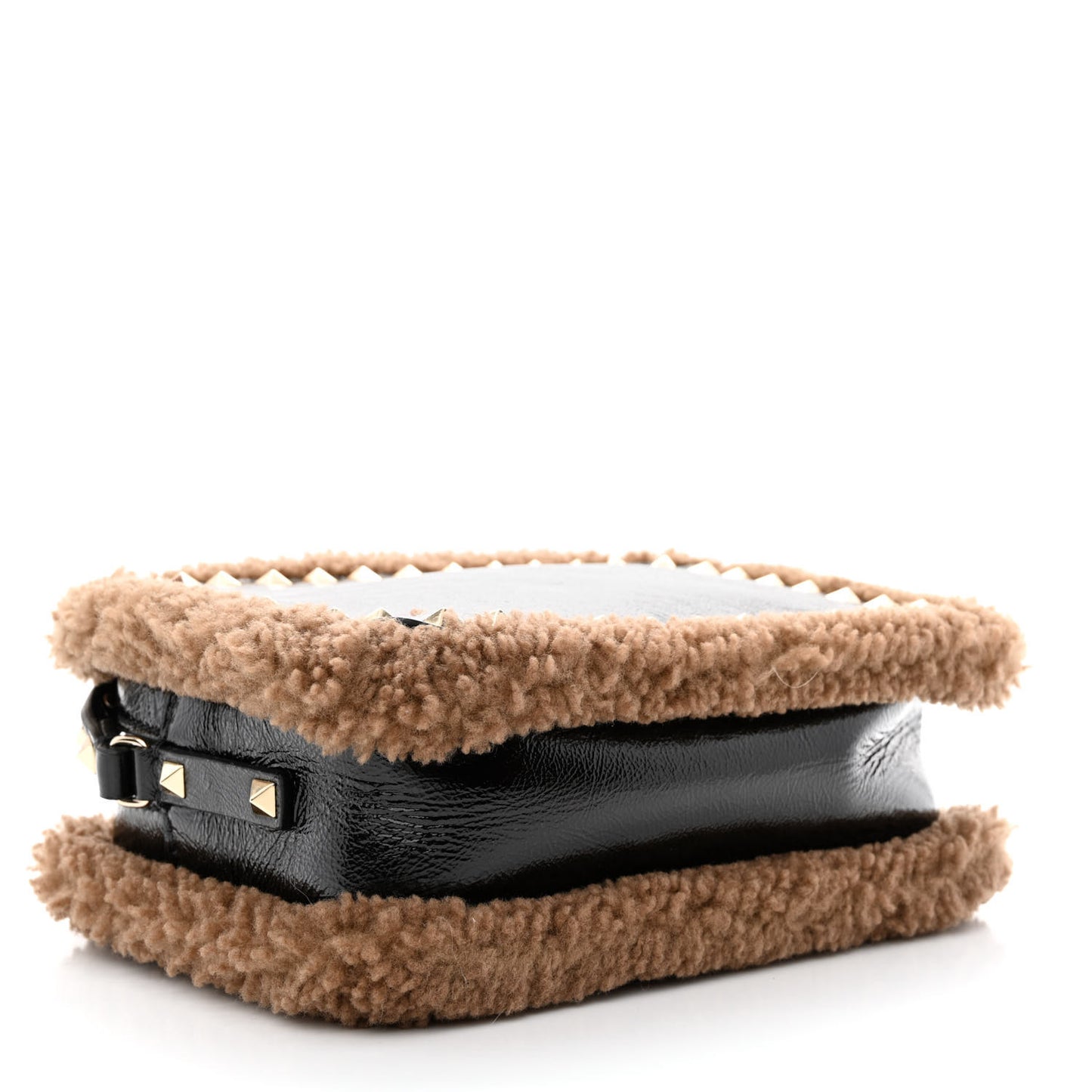 Textured Patent Calfskin Shearling Small Rockstud Camera Crossbody Bag Black