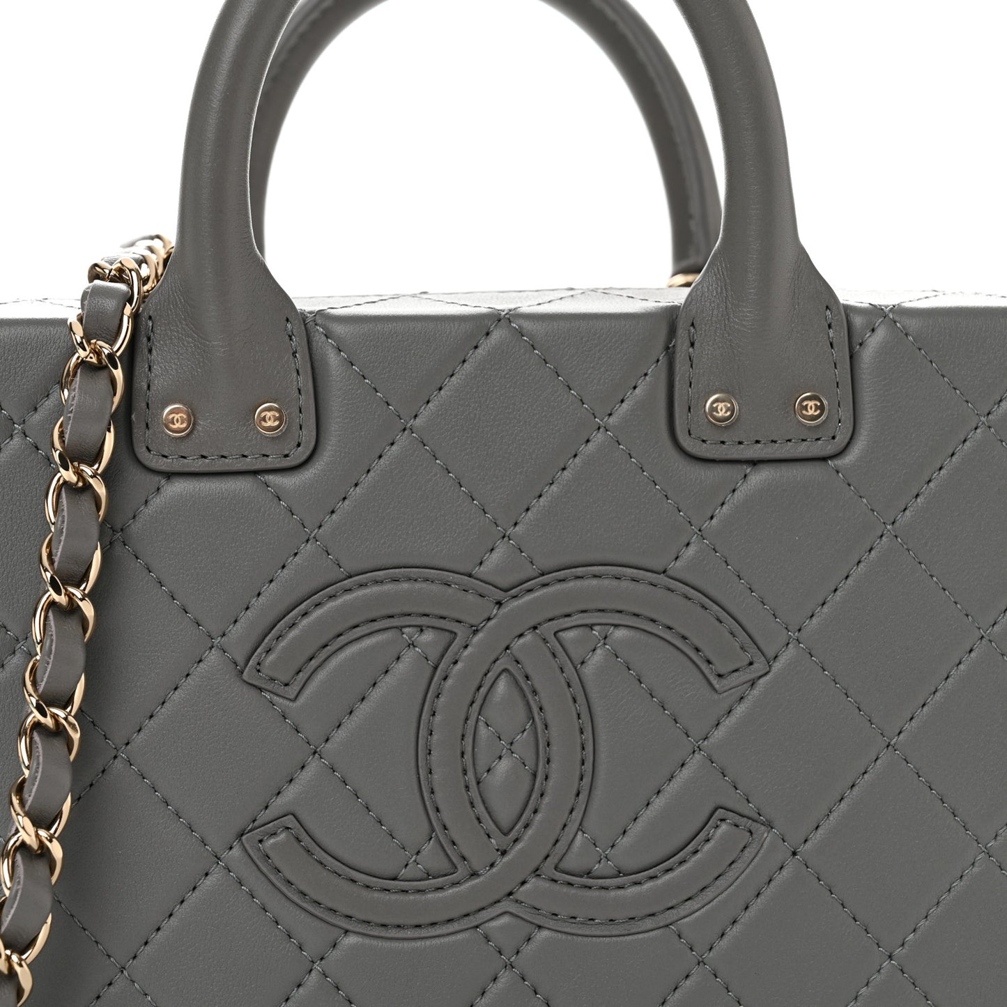 Calfskin Quilted Studded Square Vanity Case Grey