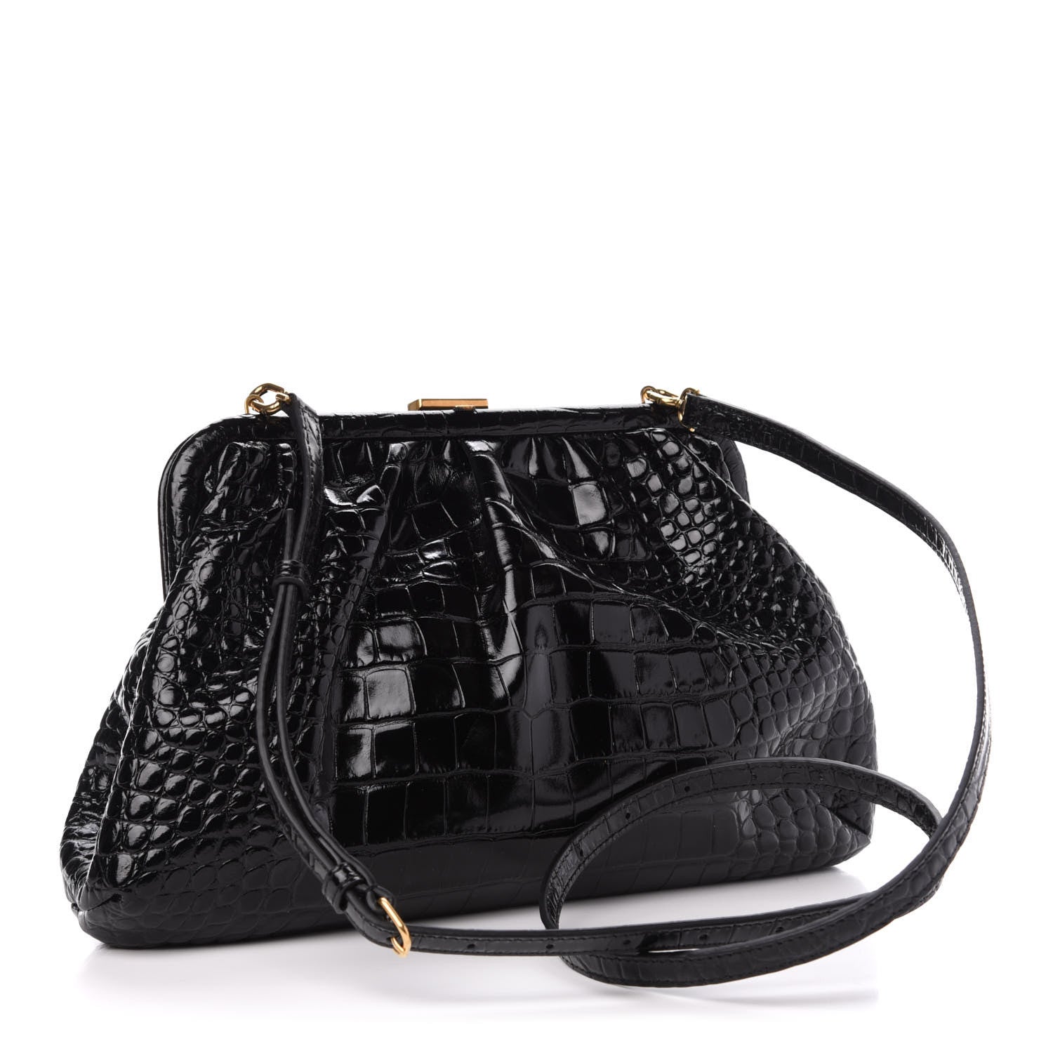 Balenciaga Shiny Supple Calfskin Logo Crocodile Embossed Cloud Crossbody Bag Black White 3 of 10