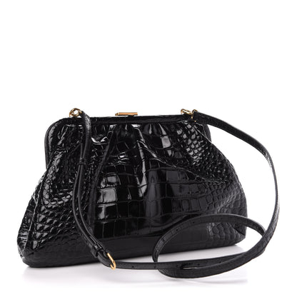 Balenciaga Shiny Supple Calfskin Logo Crocodile Embossed Cloud Crossbody Bag Black White 3 of 10