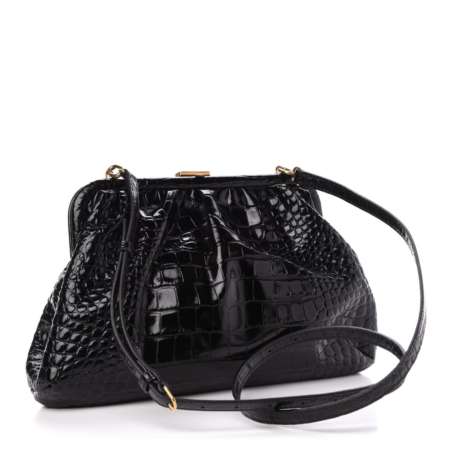 Shiny Supple Calfskin Logo Crocodile Embossed Cloud Crossbody Bag Black White