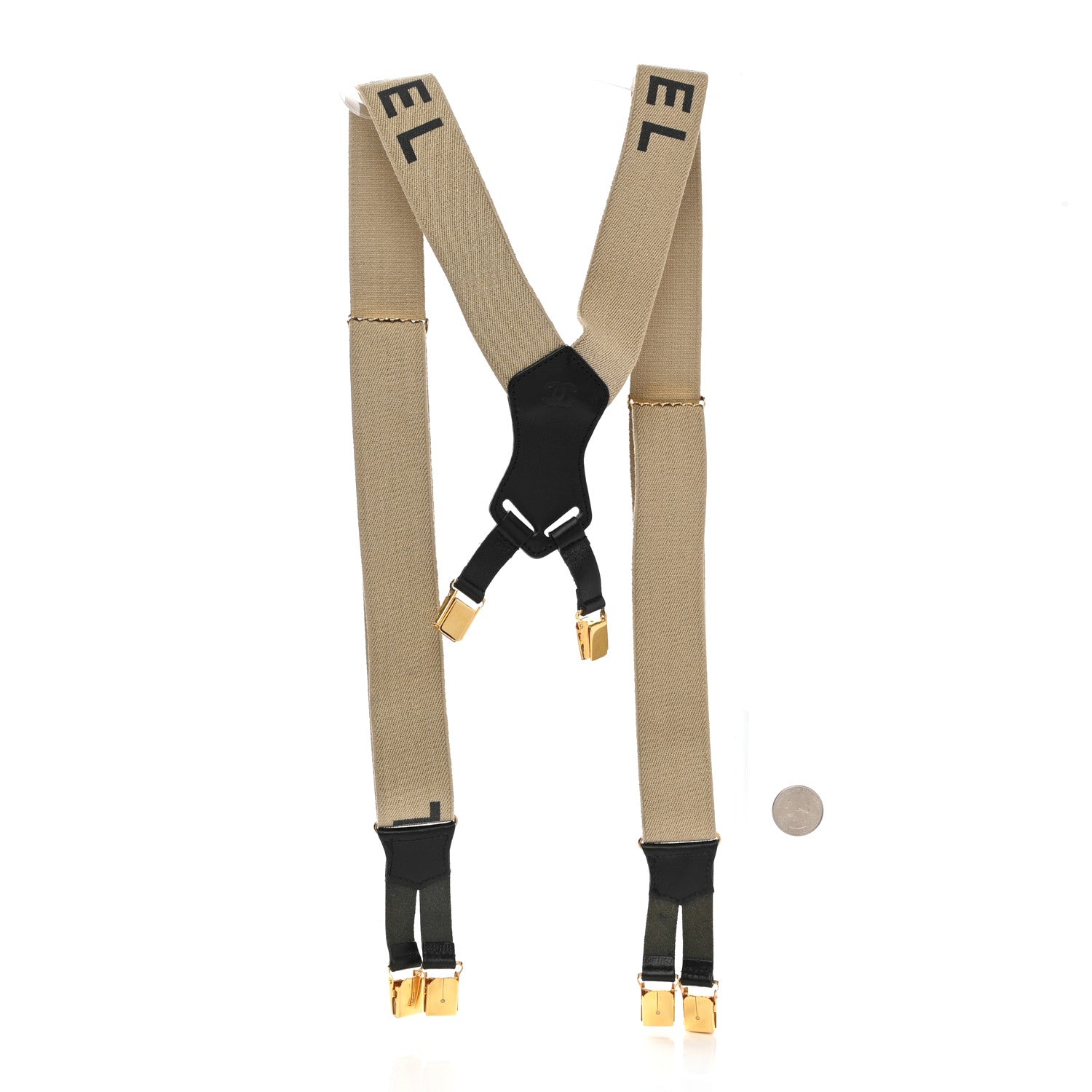 Chanel Elastic Logo Suspenders Beige Black 2 of 6