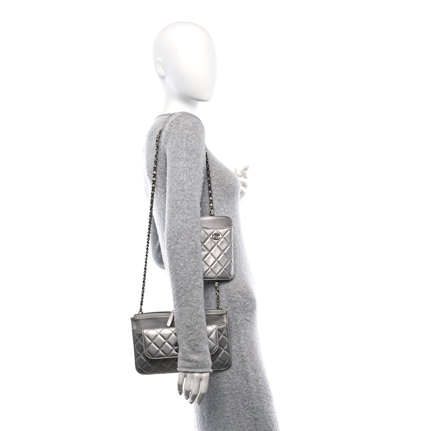 Metallic Lambskin Quilted Clutch With Chain Silver