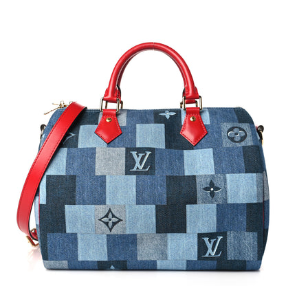 Louis Vuitton Denim Damier Monogram Patchwork Speedy Bandouliere 30 Blue Rouge 1 of 9