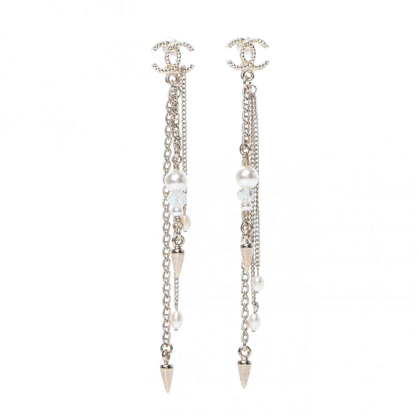 Chain Pearl CC Drop Earrings Light Gold