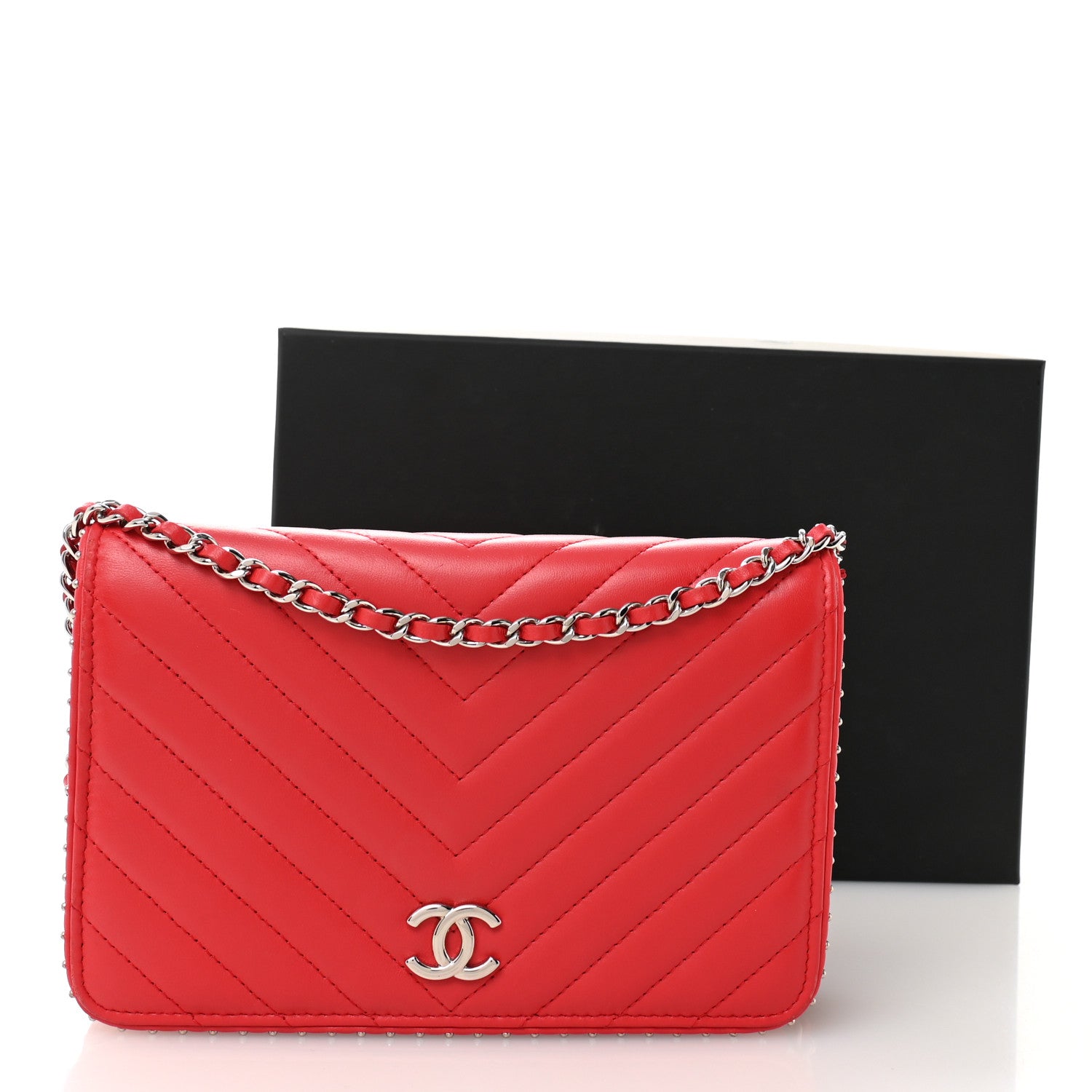 Chanel Lambskin Chevron Quilted Studded Wallet On Chain WOC Light Red 12 of 12