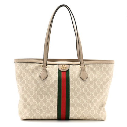 Gucci GG Supreme Monogram Textured Dollar Calfskin Web Medium Ophidia Shopping Tote Beige Mystic White Oatmeal 1 of 12