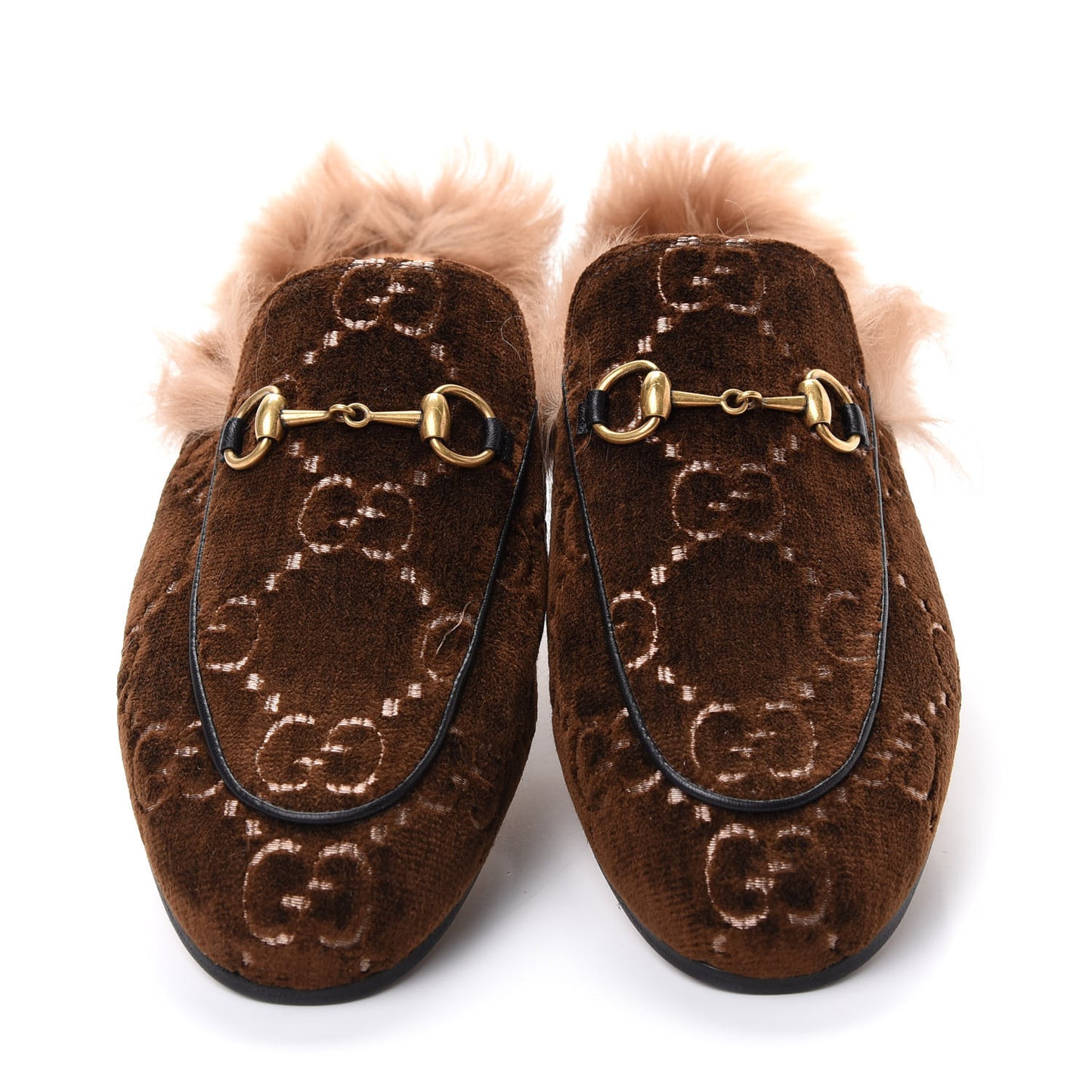 Velvet GG Monogram Fur Womens Princetown Slippers 37 Brown Black Natural